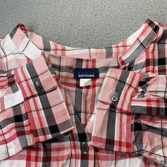 BASIC EDITIONS Shirt Womens 3X Button Up Blouse Top Plaid Long Sleeve Pink - Picture 7 of 8